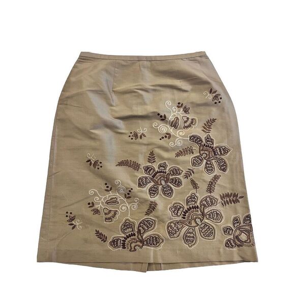 Ann Taylor 100% Silk Skirt SZ 2 Petite Knee Length Lined Pencil Embroidered Gold - Picture 1 of 6